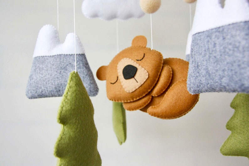 Woodland baby mobile bear in forest Mountain tree nursery mobile Baby shower gift Animal crib mobile Expecting mom gift image 9