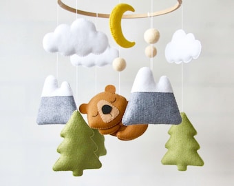 Woodland baby mobile bear in forest Mountain tree nursery mobile Baby shower gift Animal crib mobile Expecting mom gift