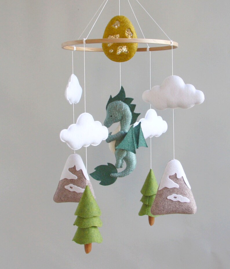 Dragon baby mobile Woodland crib mobile Baby shower gift Dragon nursery mobile Gift for newborn Baby mobile with cloud mountain tree image 7