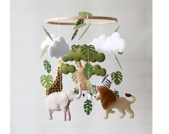 Mobile jungle pour chambre de bébé, cadeau de baby shower, mobile animal de safari, garçon fille, lion, girafe, éléphant, zèbre