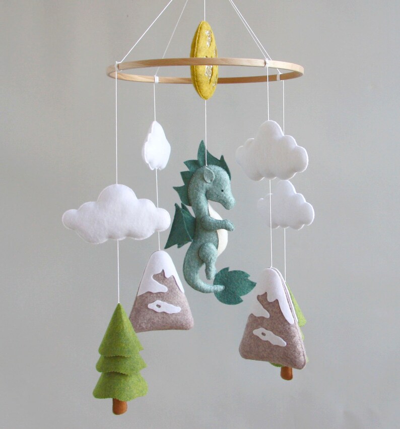 Dragon baby mobile Woodland crib mobile Baby shower gift Dragon nursery mobile Gift for newborn Baby mobile with cloud mountain tree image 5