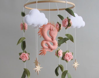 Dragon crib mobile baby Cloud stars mobile nursery Pink baby mobile girl Fantasy theme decor Baby shower gift newborn Pregnancy gift