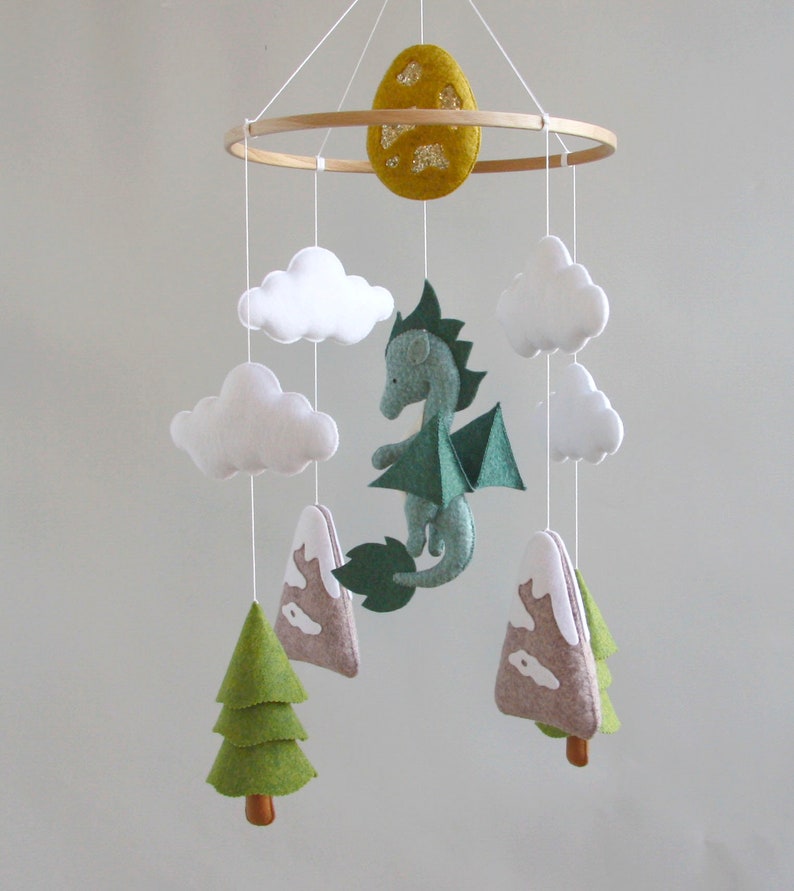 Dragon baby mobile Woodland crib mobile Baby shower gift Dragon nursery mobile Gift for newborn Baby mobile with cloud mountain tree image 3