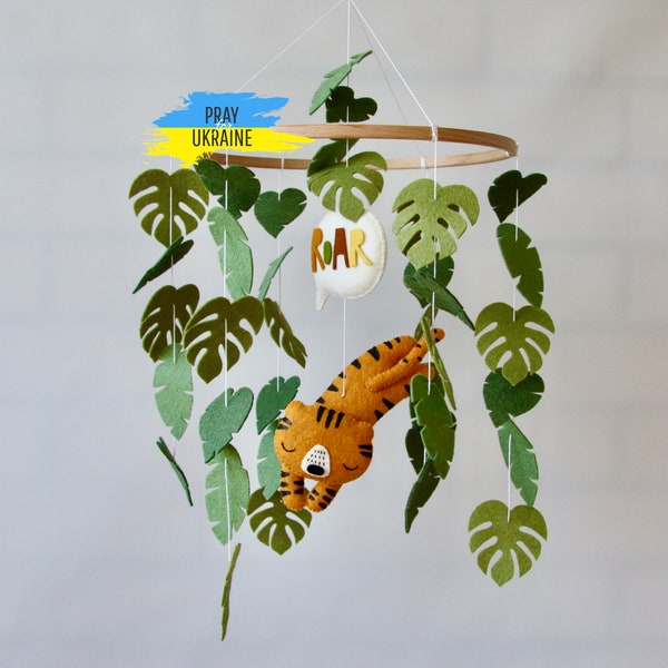 Tiger baby mobile neutral animal africa Safari crib mobile nursery Jungle baby shower Tropical monstera leaf nursery mobile Baby mobile boy