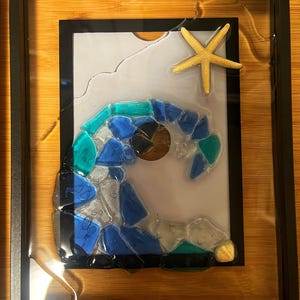 sea glass ocean wave art, home decor, house warming, sea glass art, wave, nautical, coastal art, sun catchers, ocean art, crushed glass wave
