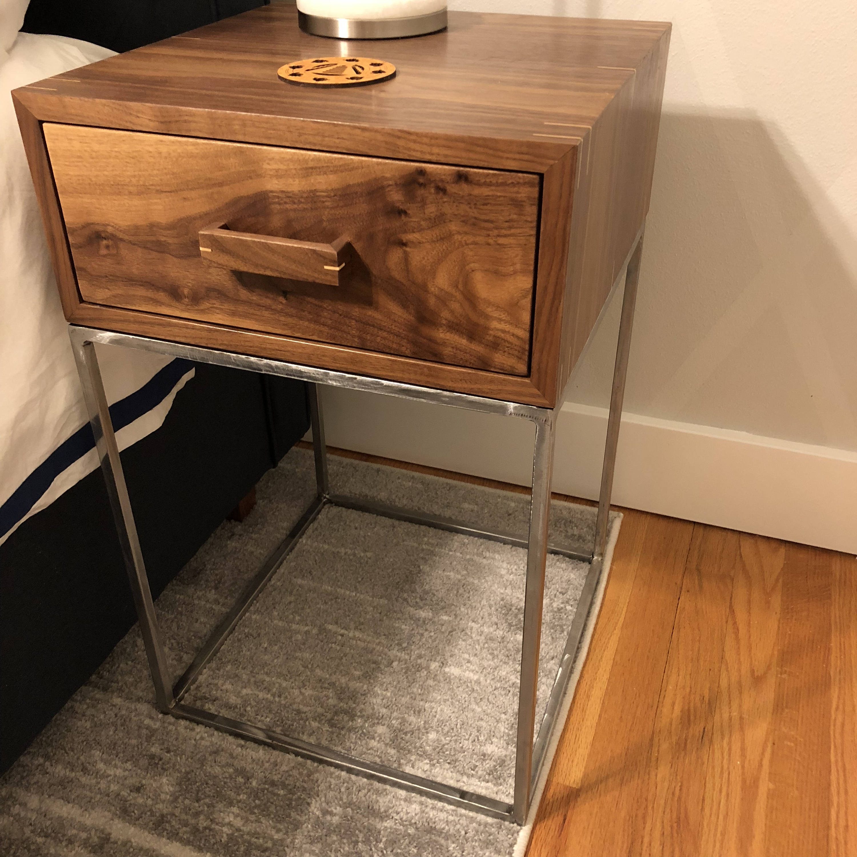 Midcentury walnut nightstand with metal legs Etsy