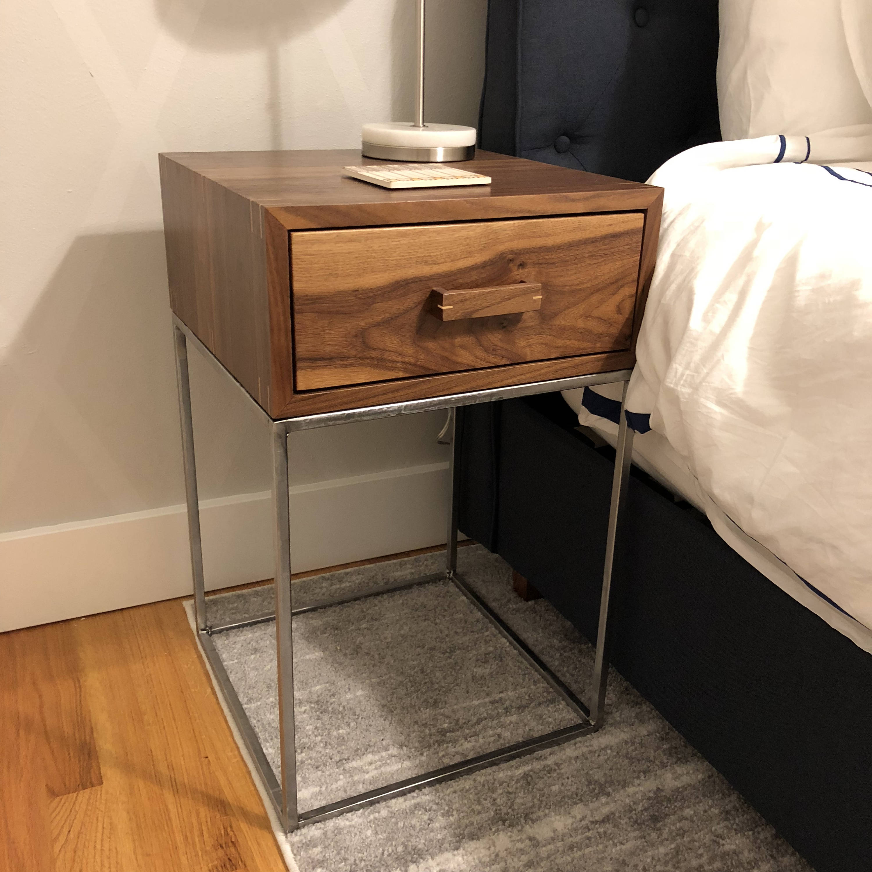 Midcentury Walnut Nightstand With Metal Legs Etsy