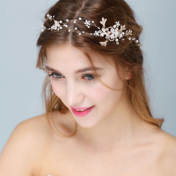 Rose Gold Bride Tiara Silver Pearls Bride Tiara Bride Hairband Hair Vine Bridesmaids Tiara Flower Girls Tiara