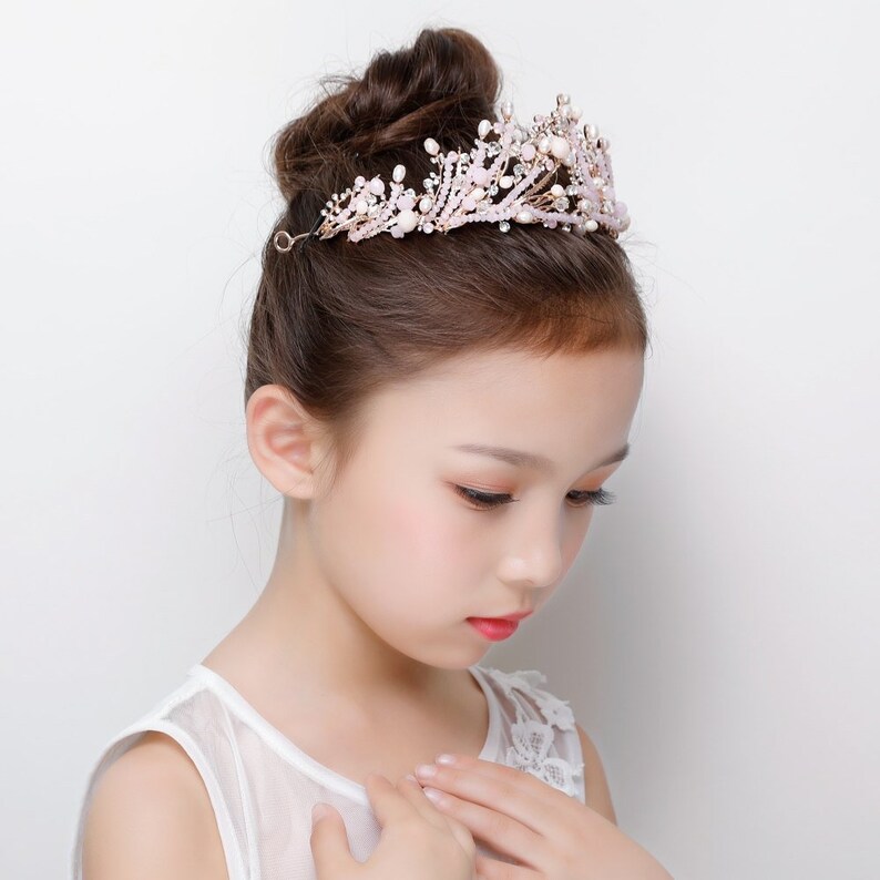 Child Size Pink Crystal Tiara with Pearl detail Pearl Child Tiara Wedding Hair Accessories Pink Child Tiara Flower Girl Hairband