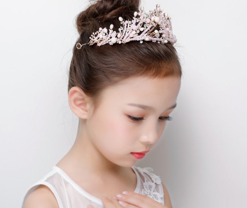 Child Size Pink Crystal Tiara with Pearl detail Pearl Child Tiara Wedding Hair Accessories Pink Child Tiara Flower Girl Hairband