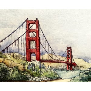 May include: Watercolor painting of the Golden Gate Bridge in San Francisco, California. The bridge is painted in red with a blue sky and green hills in the background.