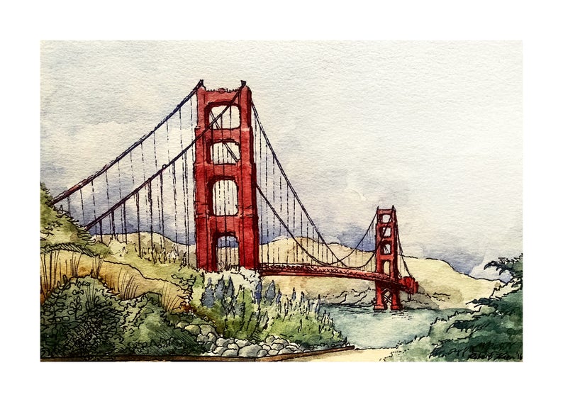 May include: Watercolor painting of the Golden Gate Bridge in San Francisco, California. The bridge is painted in red with a blue sky and green hills in the background.