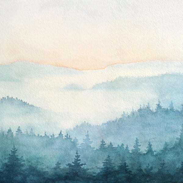 San Juan Islands - Watercolor Archival Print, Washington State Misty Mountains, Salish Sea