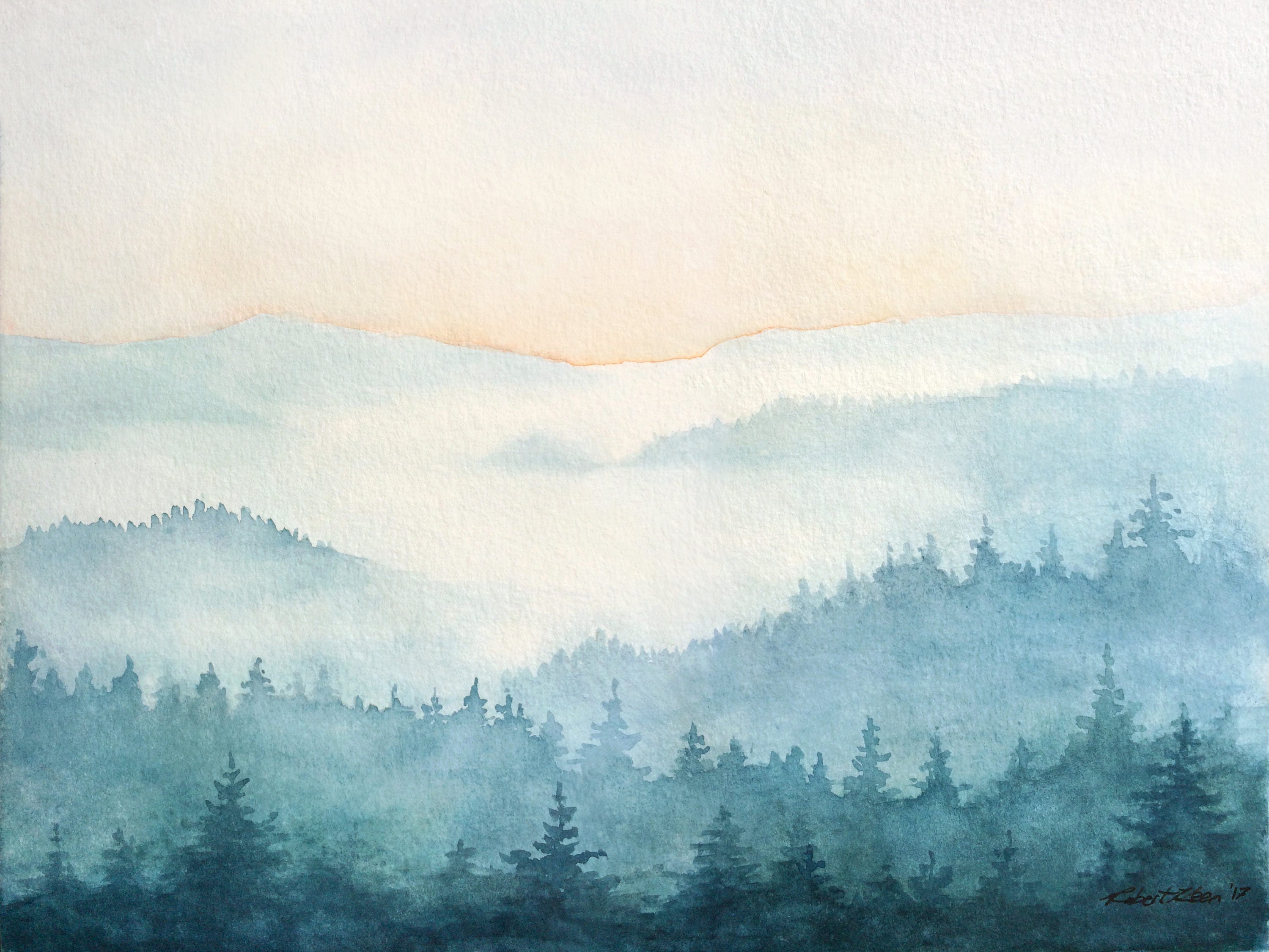 San Juan Islands - Watercolor Archival Print, Washington State Misty Mountains, Salish Sea