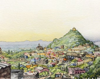 Atlixco - 12x9 Inch Watercolor Archival Print, Cerro de San Miguel, Puebla, Mexico