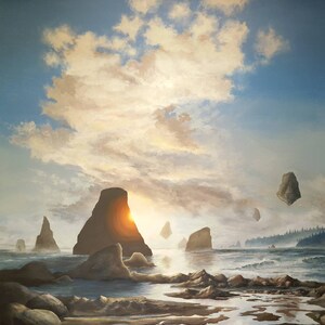 May include: A painting of a seascape with a large cloud in the sky and several rock formations in the water. The sun is setting behind the rocks, casting a golden glow on the scene.