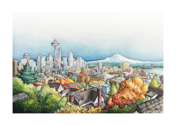 細川真希 原画「People in Seattle 2011」16×26cm Seattle - Watercolor Archival Print, City Skyline View From Kerry