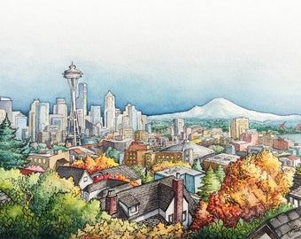Seattle - Watercolor Archival Print, City Skyline View from Kerry Park, Space Needle, Mount Rainier