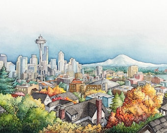 Seattle - Watercolor Archival Print, City Skyline View from Kerry Park, Space Needle, Mount Rainier