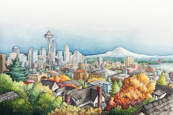 細川真希 原画「People in Seattle 2011」16×26cm Amazon.com: Posterazzi USA Washington Seattle Space Needle