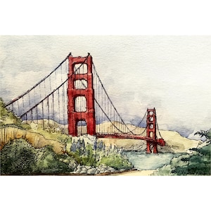 May include: A watercolor painting of the Golden Gate Bridge in San Francisco. The bridge is painted in red with a gray sky and green foliage in the foreground.