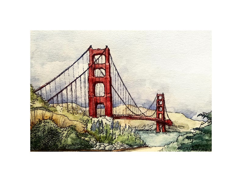 May include: A watercolor painting of the Golden Gate Bridge in San Francisco. The bridge is painted in red with a gray sky and green foliage in the foreground.