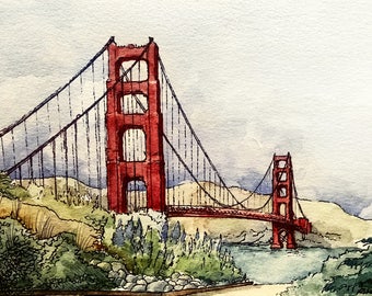 San Francisco - Watercolor Archival Print, Golden Gate Bridge, California
