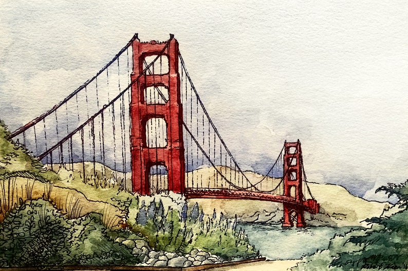 May include: A watercolor painting of the Golden Gate Bridge in San Francisco. The bridge is painted in red with a blue sky and clouds in the background. The bridge is surrounded by green trees and bushes.