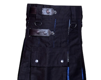 Mannen Hybride Utility Kilt 100% Zwart Katoen met Ramsey Blue Tartan Custom Handmade