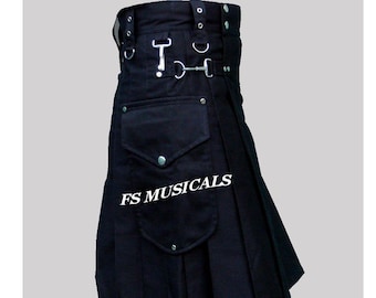 Schotse mannen utility kilt zwart 100% katoen op maat handgemaakte volwassene beste kwaliteit