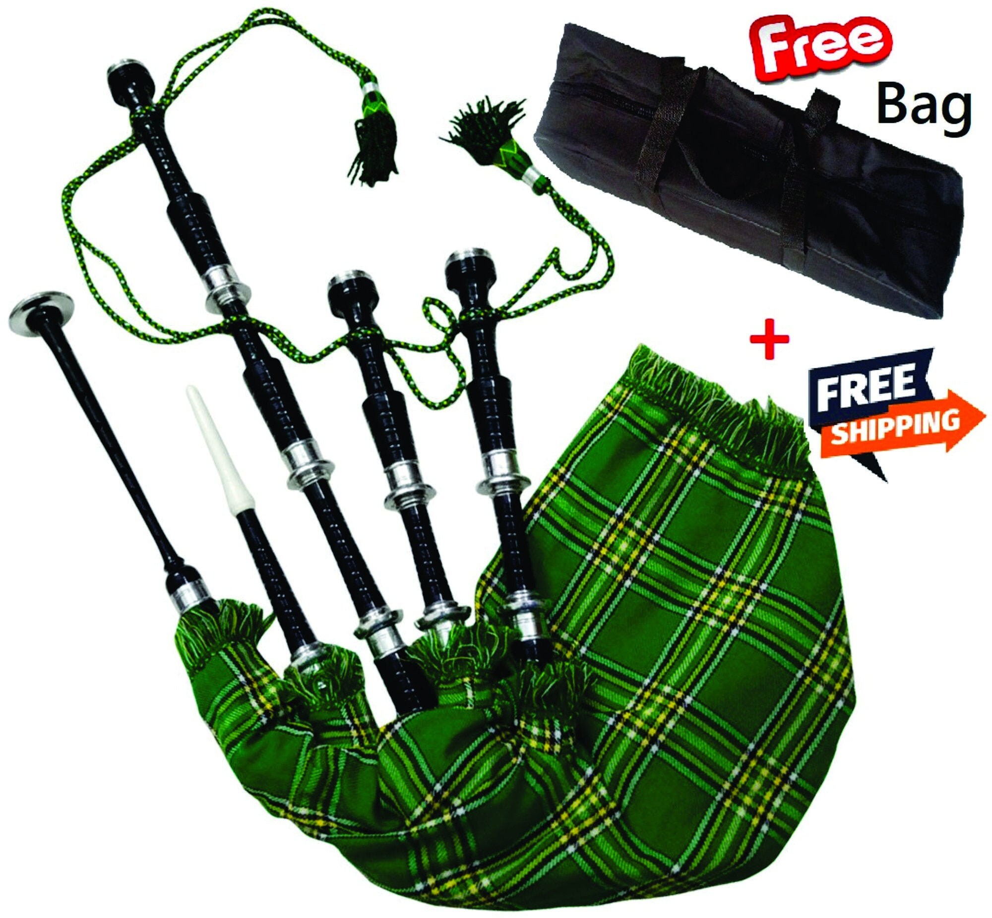 Scottish Highland Bagpipes Rose Wood Color Irish Green, Full Nickel