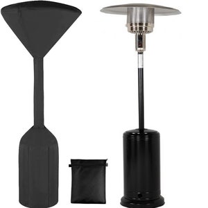 Op de afbeelding: Zwarte terrasverwarmer met een zwarte hoes en een opbergtas. De verwarmer heeft een ronde, zilveren bovenkant en een zwarte basis.