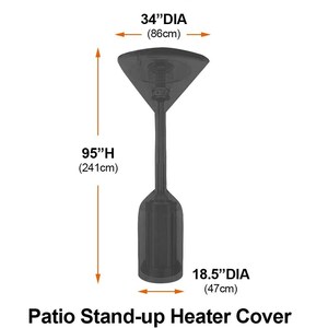 Op de afbeelding: Zwarte beschermhoes voor een terrasverwarmer met de volgende afmetingen: 95 inch hoog, 34 inch diameter aan de bovenkant en 18,5 inch diameter aan de onderkant. Past op de meeste ronde, vrijstaande terrasverwarmers.