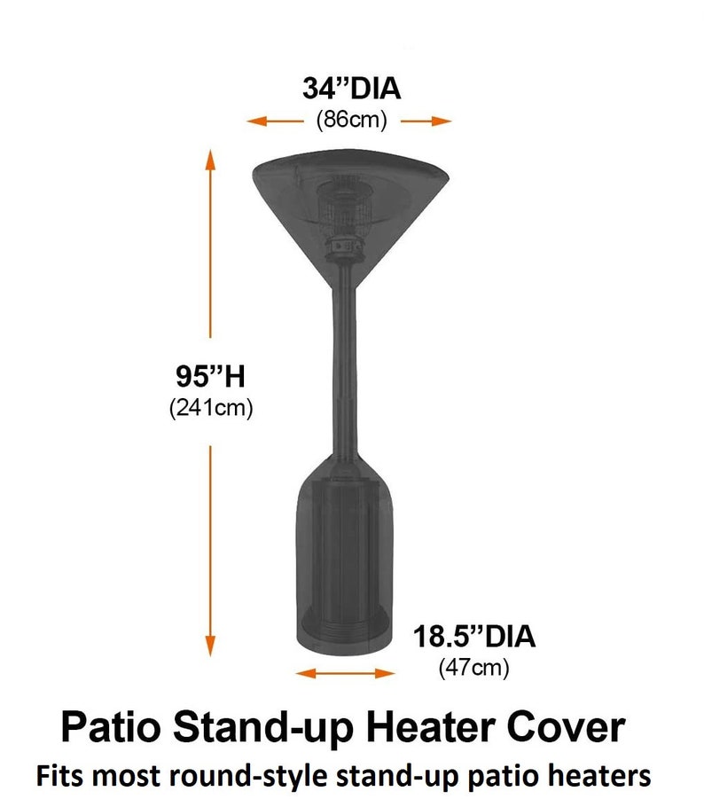 Op de afbeelding: Zwarte beschermhoes voor een terrasverwarmer met de volgende afmetingen: 95 inch hoog, 34 inch diameter aan de bovenkant en 18,5 inch diameter aan de onderkant. Past op de meeste ronde, vrijstaande terrasverwarmers.