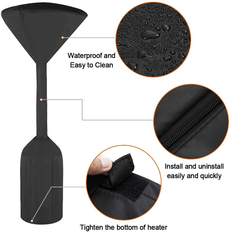 Op de afbeelding: Zwarte beschermhoes voor een terrasverwarmer met rits en klittenband. De hoes is waterdicht en gemakkelijk schoon te maken. De tekst "Waterproof and Easy to Clean" is zichtbaar op de afbeelding. De tekst "Install and uninstall easily and quickly" is zichtbaar op de afbeelding. De tekst "Tighten the bottom of heater" is zichtbaar op de afbeelding.