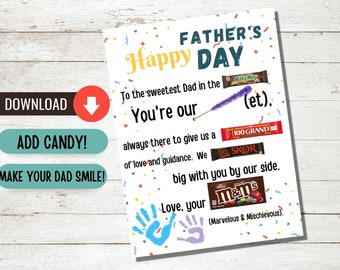 Father's Day Chocolate Poem Printable, Candy Gram Poster, Handprint Candy Poster Ideas Funny Fathers Day Last Minute Gift Ideas PDF