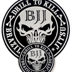 BJJ Gi Jiu Jitsu Patch Set, Brazilian Jiu Jitsu Gifts, 4.7 and 9.8 inches Drill to Kill Skeleton BJJ Patch, jiujitsu DadBlack and White