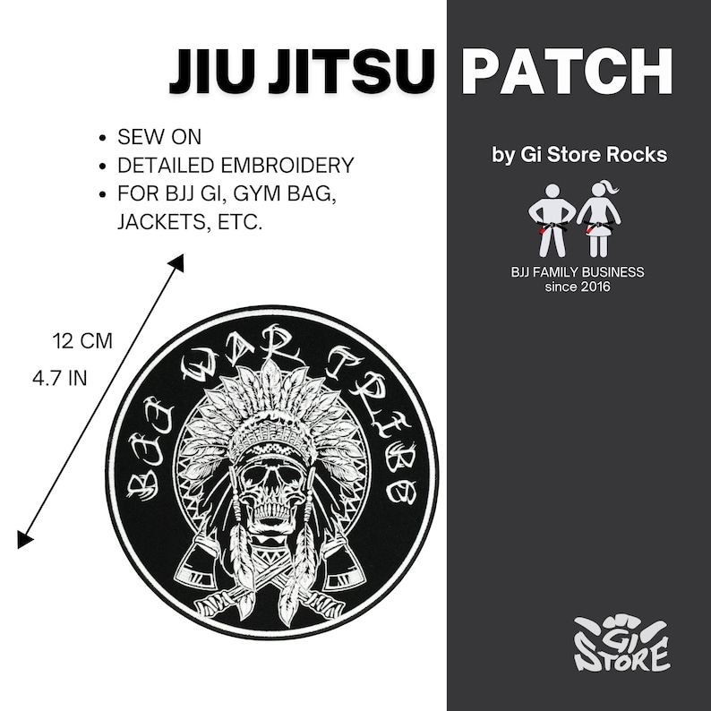 May include: Circular black and white embroidered patch featuring a skull in a Native American headdress. The patch is 12 cm (4.7 in) in diameter and reads "Bad War Tribe". Suitable for BJJ Gi, gym bags, and jackets.