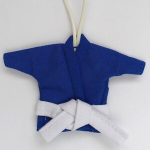 Puede incluir: Uniforme de karate azul con cintur&oacute;n blanco, colgado de una cuerda blanca.