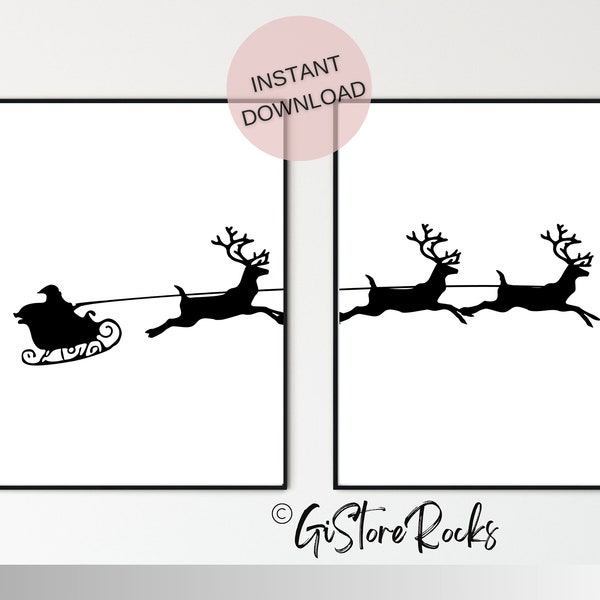 Gallery Set of 2 Christmas Santa Claus with Reindeer Sleigh Prints, Xmas Printable Home Decor Christmas Decorations Christmas Wall Art Print