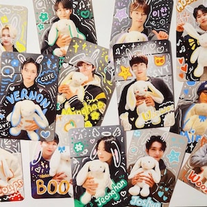 Dix-sept cartes photo de doodle de lapin dessinées à la main, S.coups Jeonghan Joshua Jun Hoshi Wonwoo Woozi The8 Mingyu DK Seungkwan Vernon Dino
