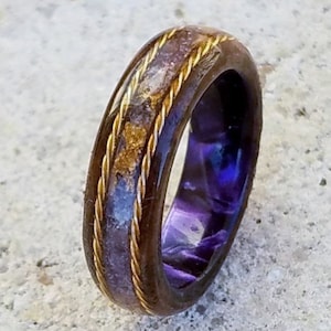 Amethyst and 24kt Gold Leaf Inlay Walnut Burl Ring