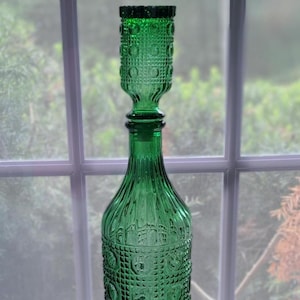 Italian Vintage Empoli VERDE  Dot Decanter/Genie Bottle with stopper, aka Ravioli pattern in EUC, Imported Italian Cut Glass 18 inches tall