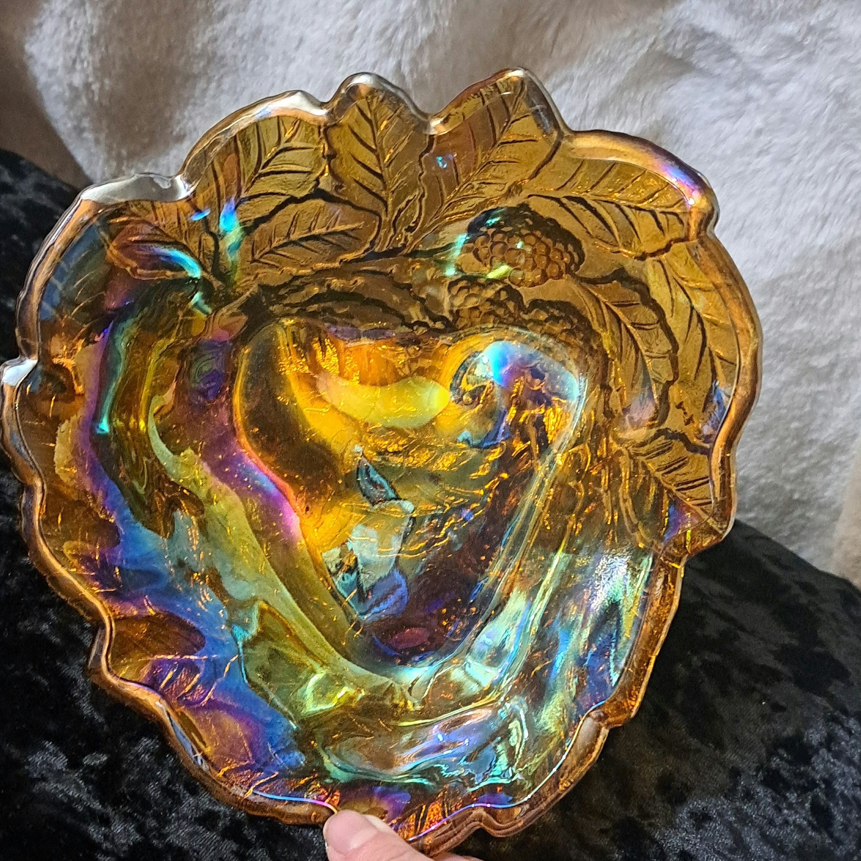 Vintage Indiana Glass Carnival Glass Berry Dish, MCM kitchen, Longberry leaf amber iridescent trinket or candy dish, great gift idea.
