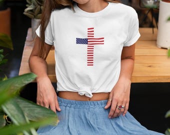 100% Cotton Patriotic Cross Graphic Tee – American Flag Christian T-Shirt
