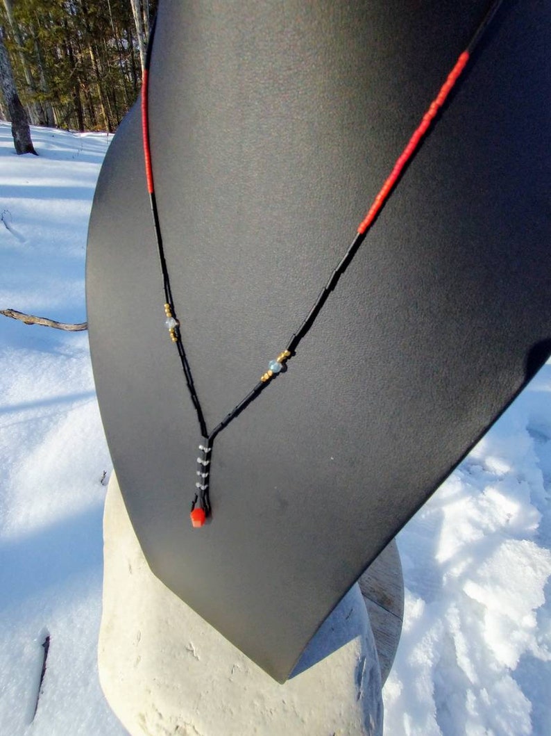 Red Agate and Labradorite Beaded Black Y Necklace
