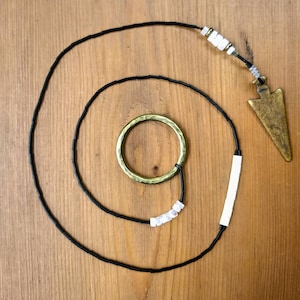 Dyed Bone Arrow Pendant Lariat Necklace with Brass, Labradorite and Moonstone