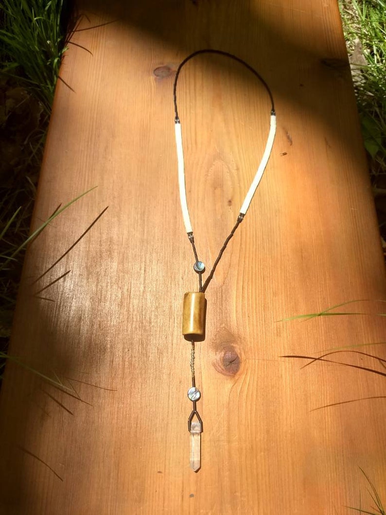 and Paua Shell Natural Bone Lariat Necklace with Glass Crystal