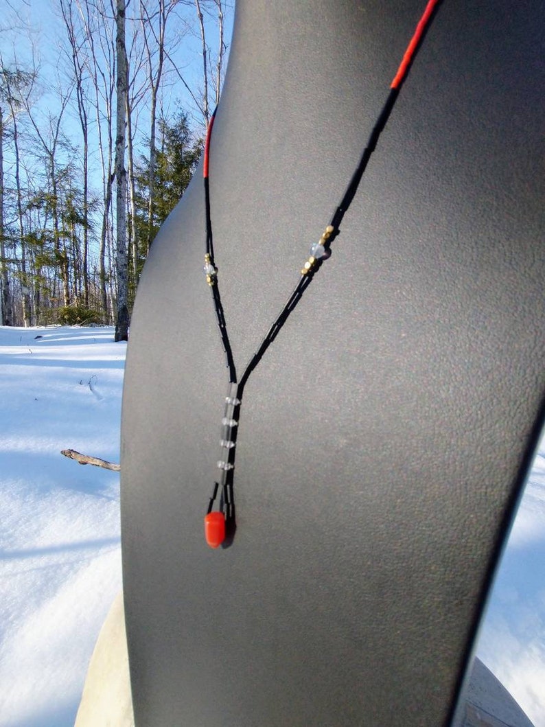 Red Agate and Labradorite Beaded Black Y Necklace