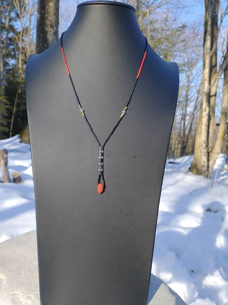 Red Agate and Labradorite Beaded Black Y Necklace